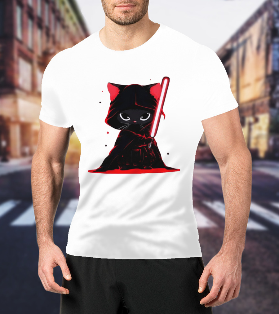 Black Cat Sith With Red Lightsaber Cloaked In Darkness T-Shirt