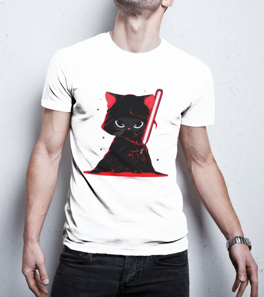 Black Cat Sith With Red Lightsaber Cloaked In Darkness T-Shirt