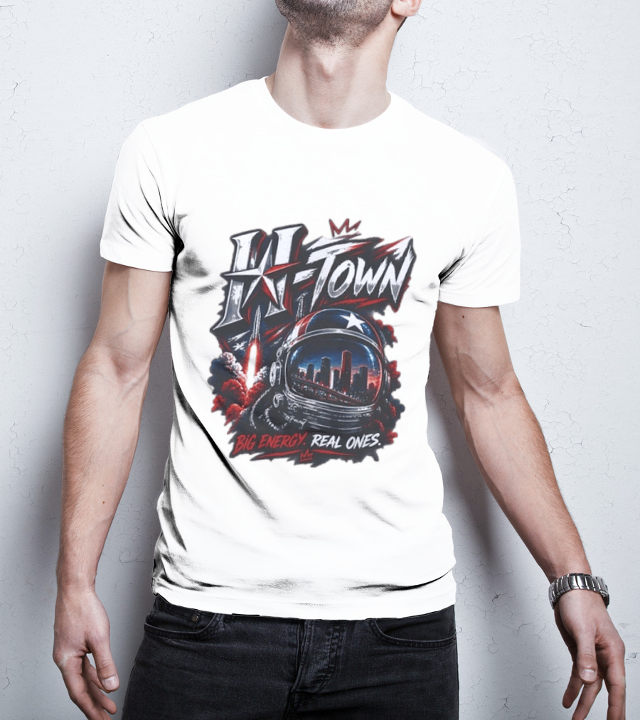 H Town Big Energy Real Ones Houston Astronaut Skyline T-Shirt