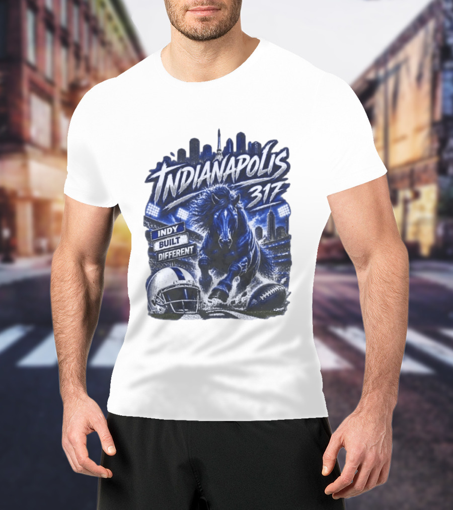 Indianapolis Colts 317 Indy Built Different Football Horse Helmet Skyline T-Shirt