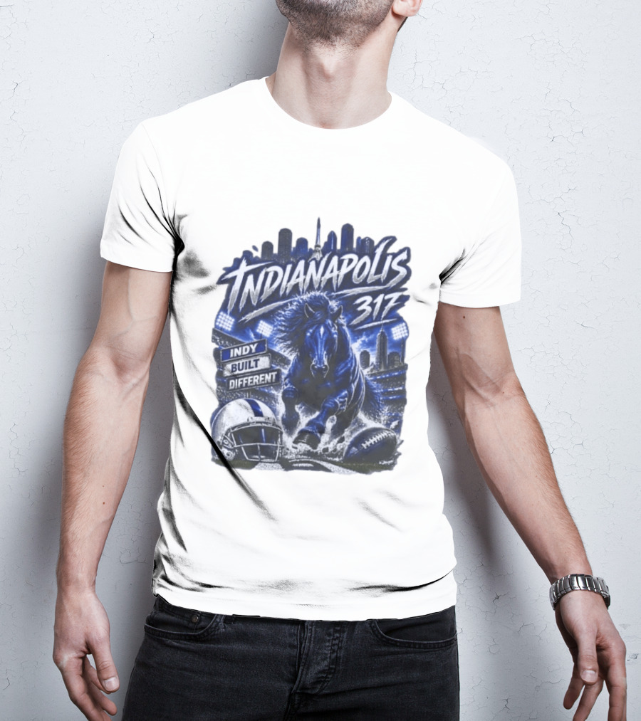 Indianapolis Colts 317 Indy Built Different Football Horse Helmet Skyline T-Shirt