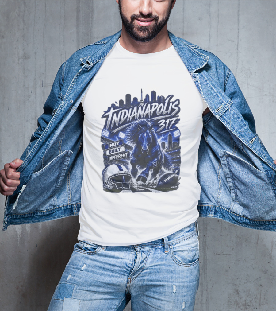 Indianapolis Colts 317 Indy Built Different Football Horse Helmet Skyline T-Shirt
