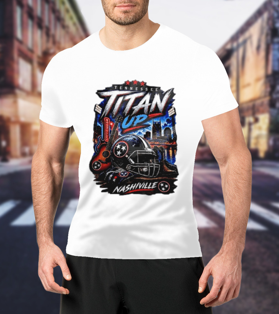 Tennessee Titan Up Football Helmet Guitar Nashville Skyline Titans T-Shirt