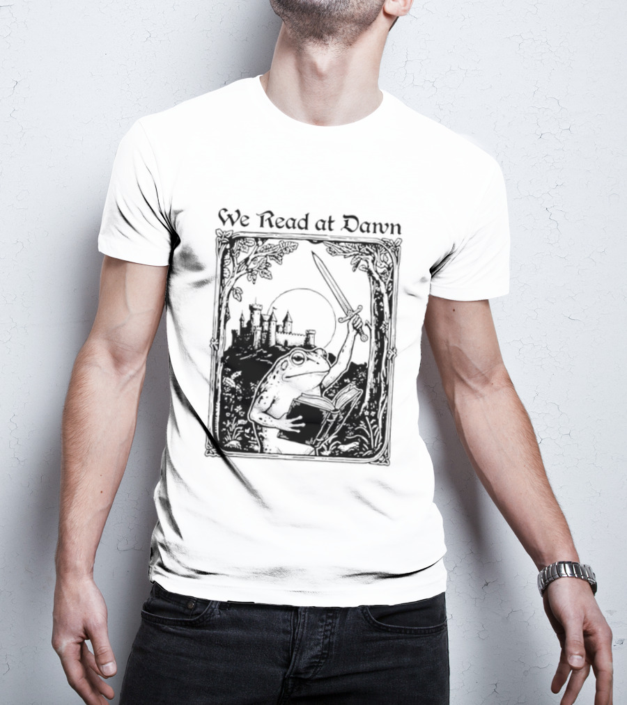 We Read At Dawn Frog Holding Sword And Book In Enchanted Forest T-Shirt