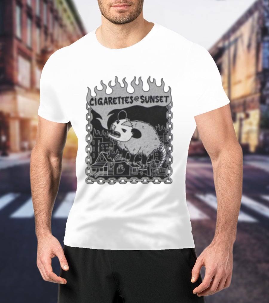 Cigarettes At Sunset OG Possum In Fiery Cityscape With Chains T-Shirt