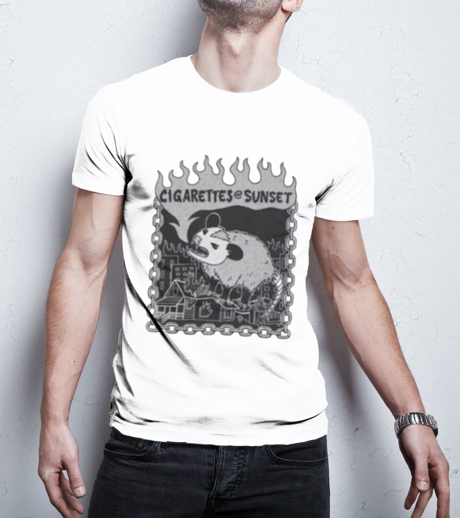 Cigarettes At Sunset OG Possum In Fiery Cityscape With Chains T-Shirt
