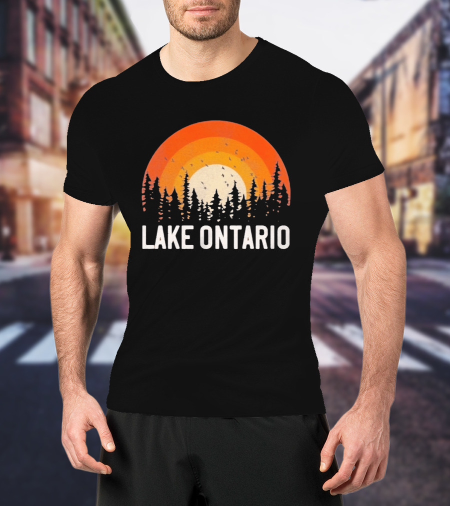 Lake Ontario Sunset Forest Birds Nature Scene With Orange Yellow Gradient T-Shirt