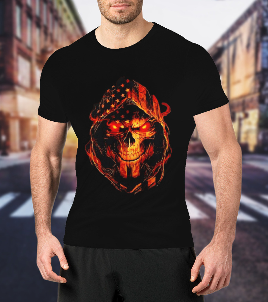 American Flag Skull Grim Reaper With Glowing Red Eyes T-Shirt