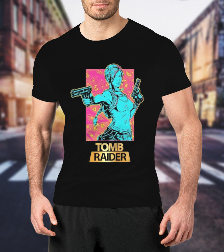 Tomb Raider Lara Croft Neon Halftone Dual Pistols T-Shirt