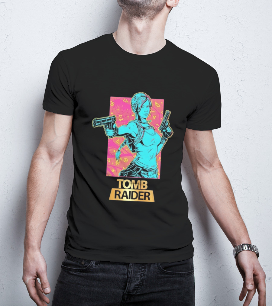 Tomb Raider Lara Croft Neon Halftone Dual Pistols T-Shirt