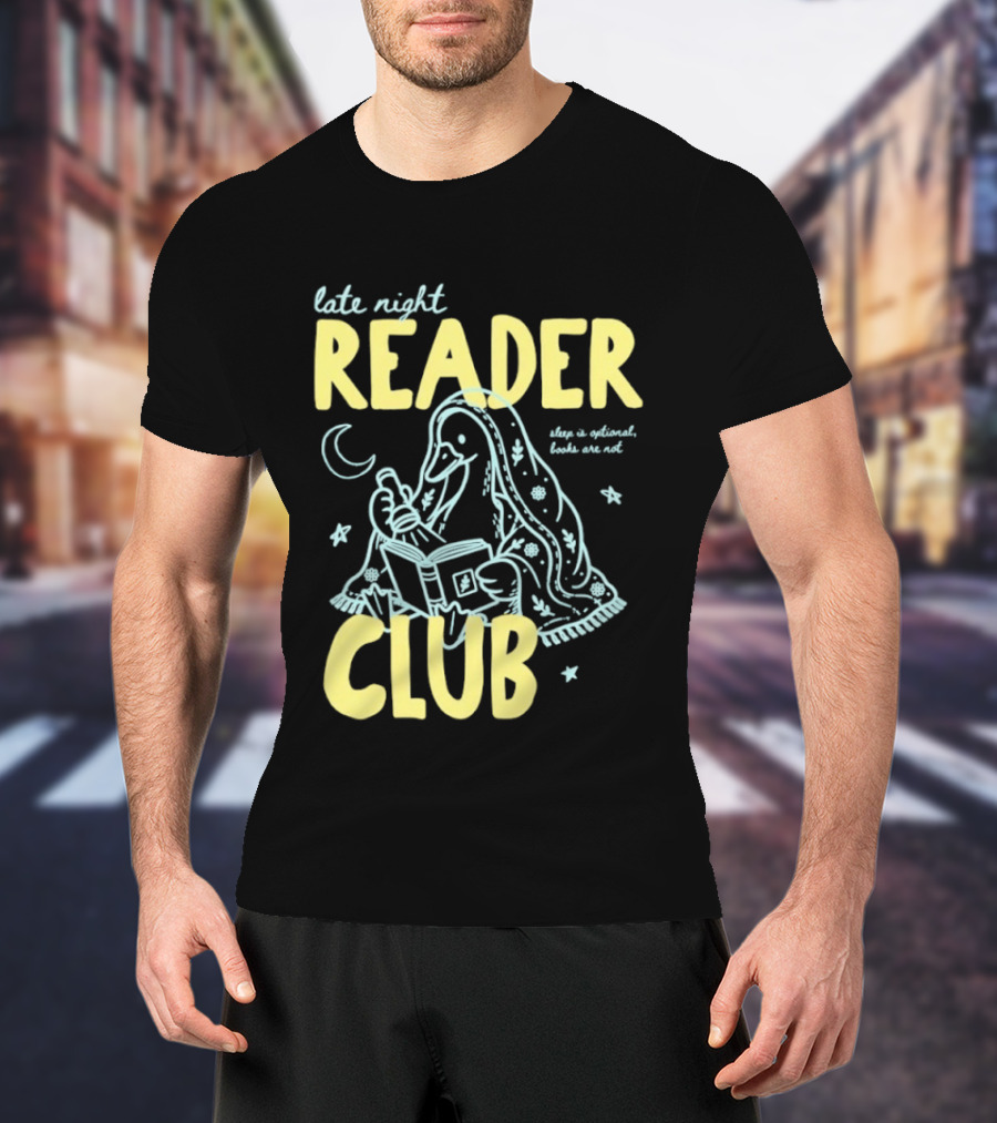 Late Night Reader Club Penguin Reading Moon Stars Sleep Is Optional Books Are Not T-Shirt
