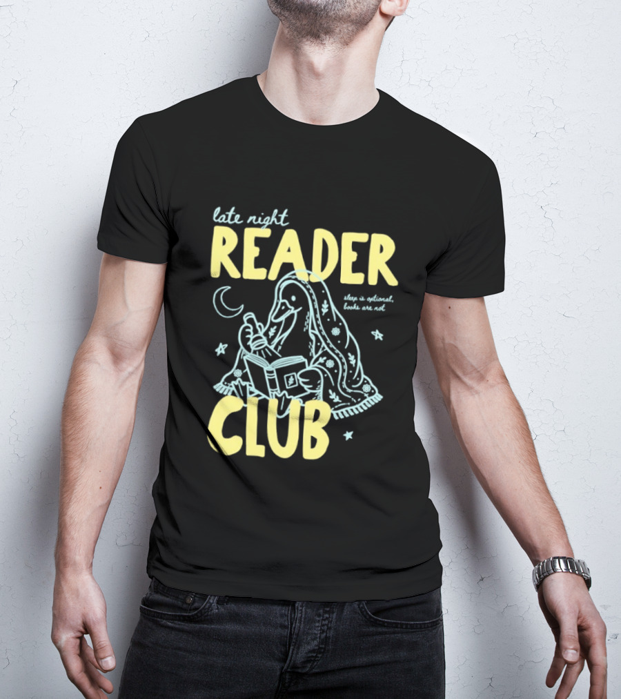 Late Night Reader Club Penguin Reading Moon Stars Sleep Is Optional Books Are Not T-Shirt