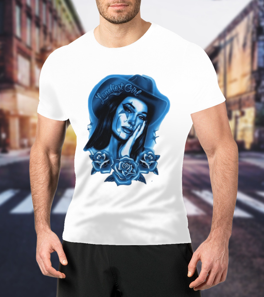 Loneliest Girl Airbrush Cowgirl In Blue With Roses T-Shirt