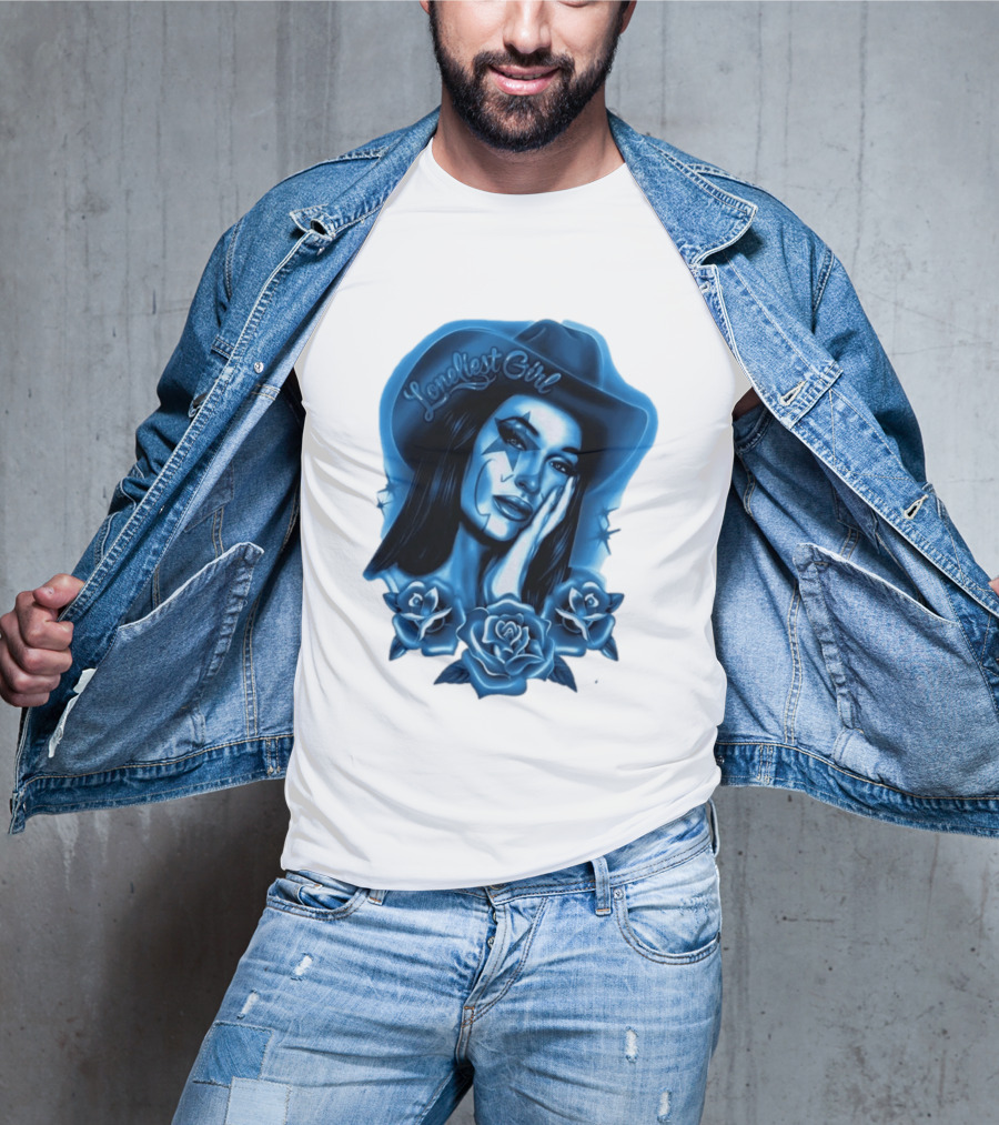Loneliest Girl Airbrush Cowgirl In Blue With Roses T-Shirt