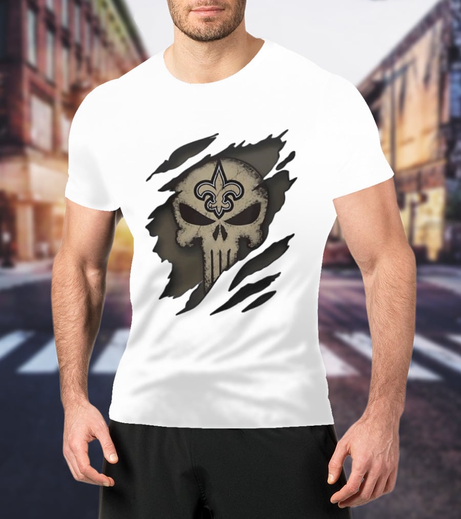 New Orleans Saints Punisher Skull Fleur De Lis Collaboration T-Shirt