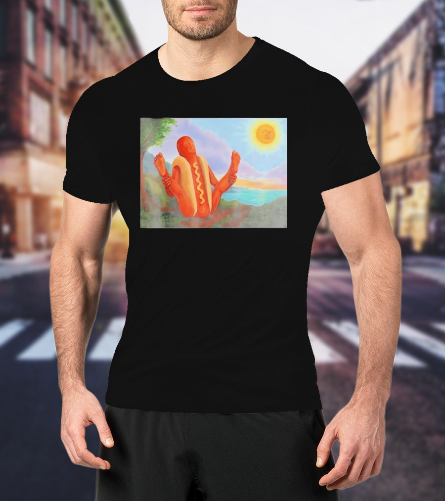 Surreal Hot Dog Doing Yoga At Sunrise With Smiling Sun T-Shirt