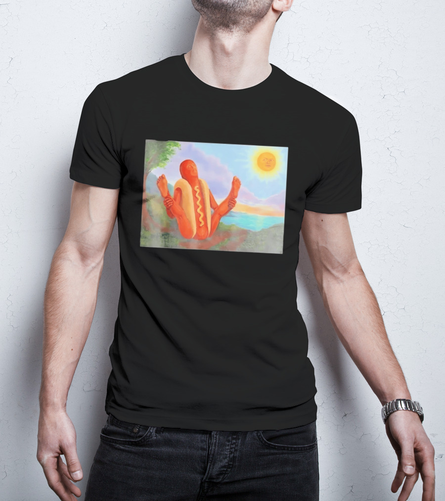 Surreal Hot Dog Doing Yoga At Sunrise With Smiling Sun T-Shirt