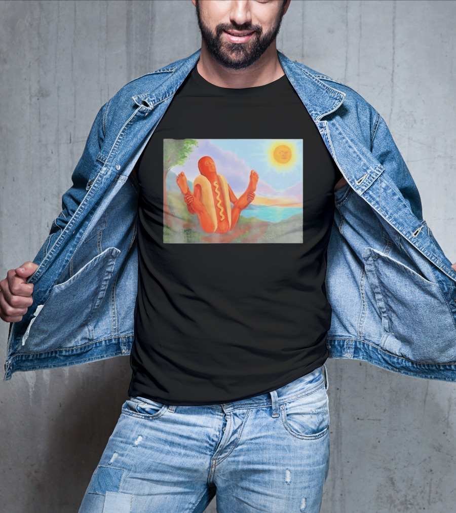 Surreal Hot Dog Doing Yoga At Sunrise With Smiling Sun T-Shirt