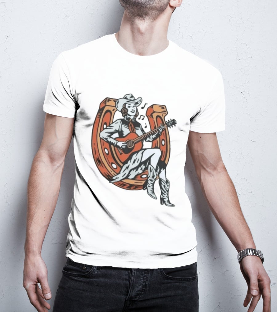 Cowgirl Playing Guitar On Horseshoe Classic Western Music Scene T-Shirt