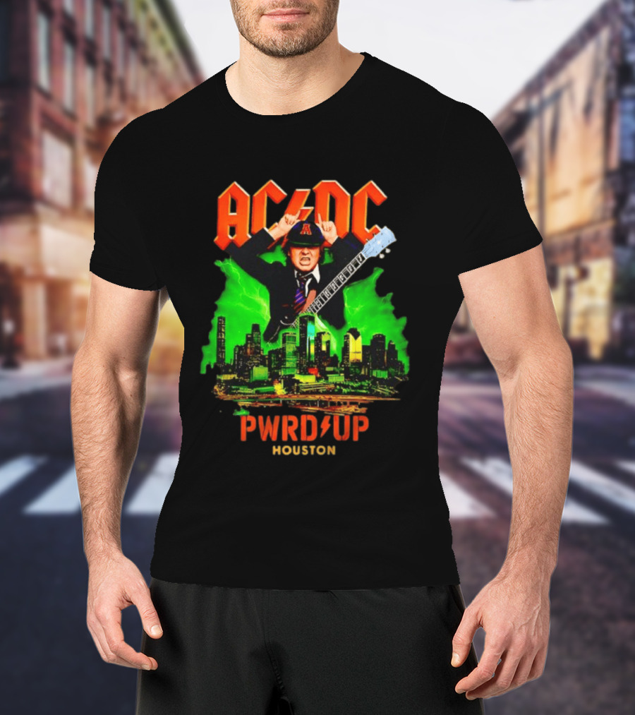 AC DC Angus Young Pwr Up Houston Hard Rock Skyline Electric Guitar T-Shirt