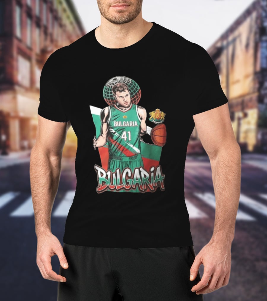 Bulgaria 41 Basketball Player Caricature Holding Ball Globe T-Shirt