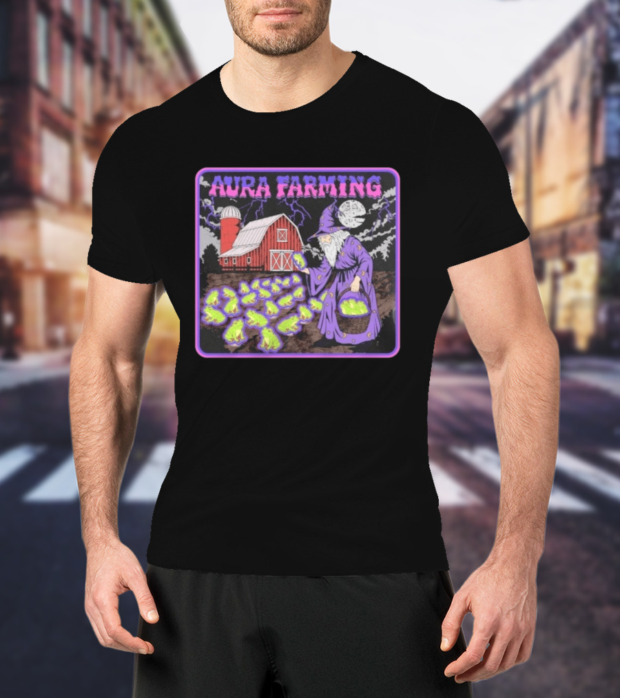 Aura Farming Moonlit Sorcerer Harvests Glowing Frogs Barn Wizard Magic T-Shirt