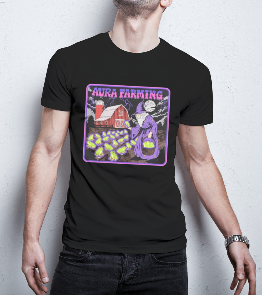Aura Farming Moonlit Sorcerer Harvests Glowing Frogs Barn Wizard Magic T-Shirt