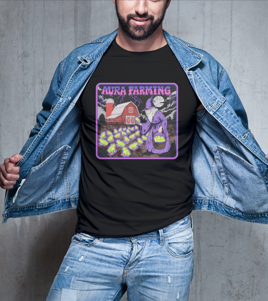 Aura Farming Moonlit Sorcerer Harvests Glowing Frogs Barn Wizard Magic T-Shirt