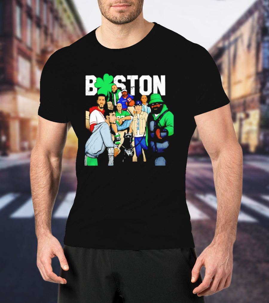 Boston Green Clover Sports Fan Characters Distressed Look T-Shirt