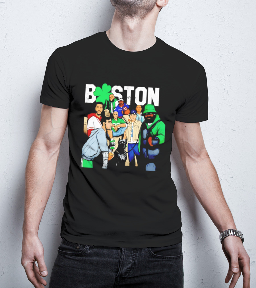 Boston Green Clover Sports Fan Characters Distressed Look T-Shirt