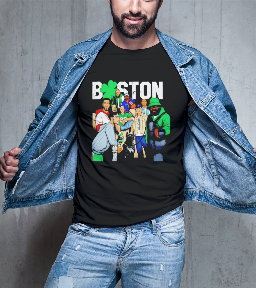 Boston Green Clover Sports Fan Characters Distressed Look T-Shirt