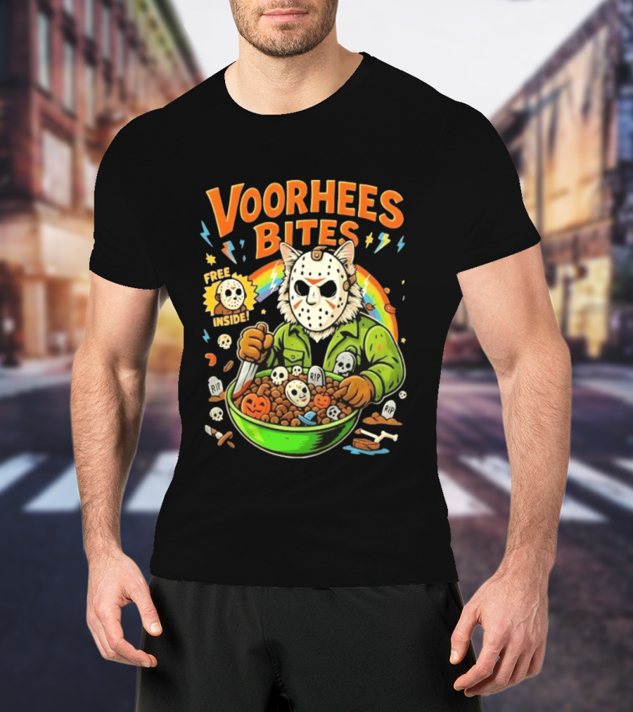 Voorhees Bites Jason Voorhees Cat Cereal Horror Mask Rainbow Feline Bowl Skeletons T-Shirt