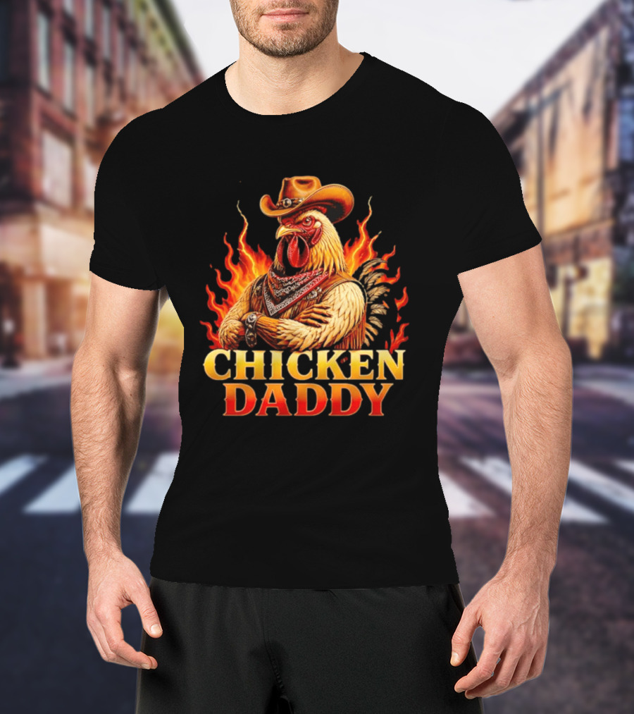 Chicken Daddy Cowboy Rooster With Flames And Bandana T-Shirt