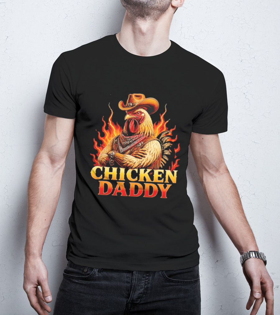 Chicken Daddy Cowboy Rooster With Flames And Bandana T-Shirt