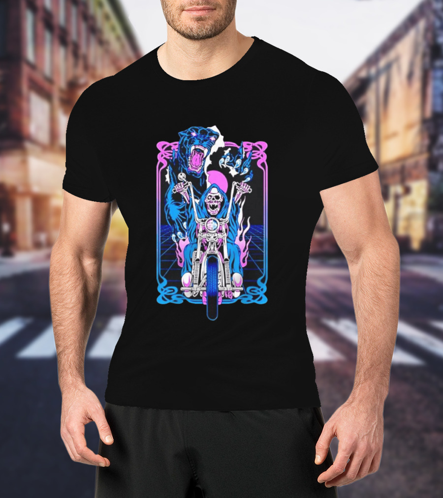 Grim Reaper Motorcycle Panther Retro Neon T-Shirt