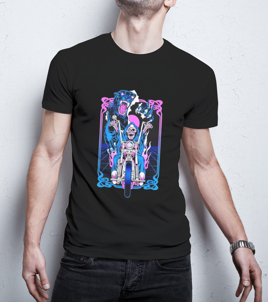 Grim Reaper Motorcycle Panther Retro Neon T-Shirt