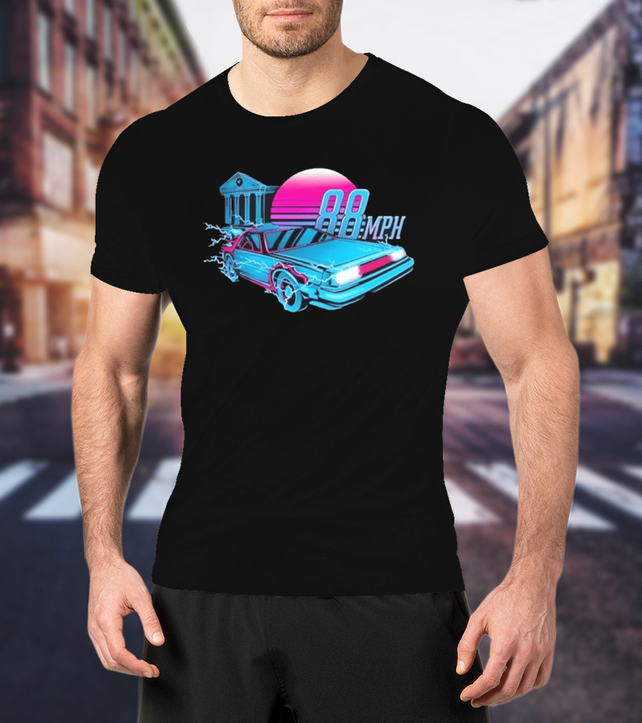 Back To The Future DeLorean 88 MPH Neon Style With Sunset And Tower T-Shirt