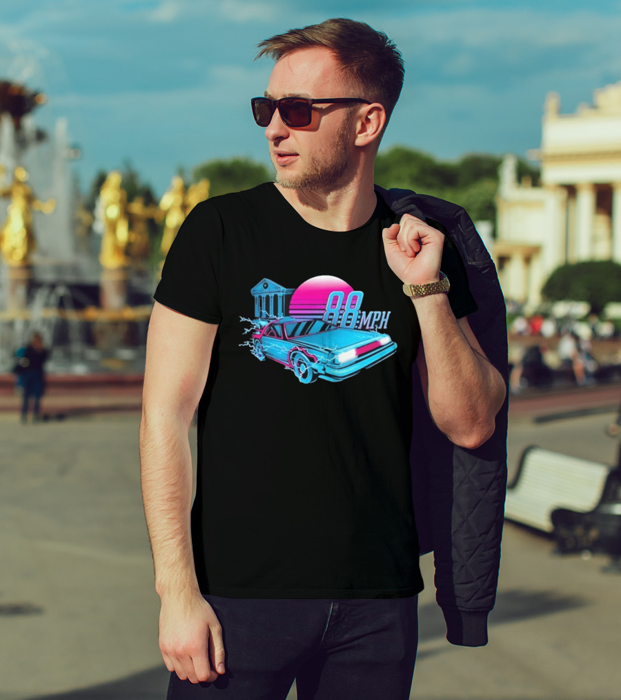 Back To The Future DeLorean 88 MPH Neon Style With Sunset And Tower T-Shirt