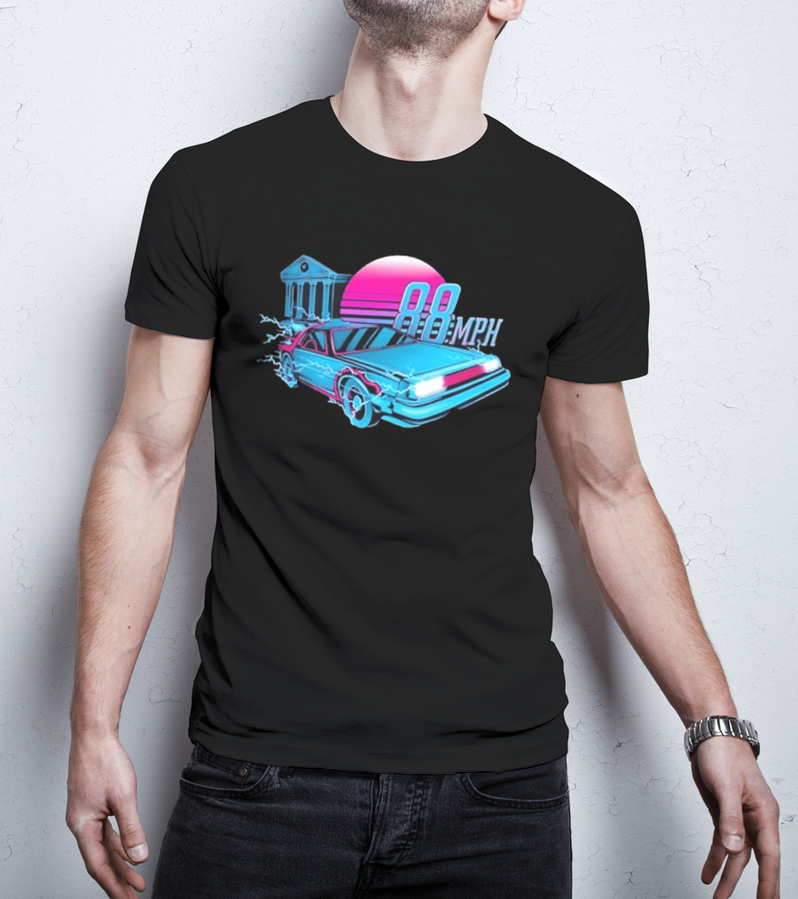 Back To The Future DeLorean 88 MPH Neon Style With Sunset And Tower T-Shirt