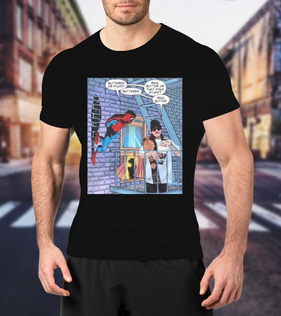 Spider Man Bret Hart Real Buttered Popcorn Balcony Scene T-Shirt