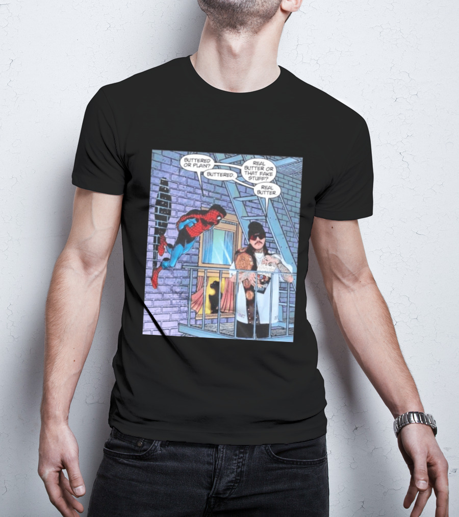 Spider Man Bret Hart Real Buttered Popcorn Balcony Scene T-Shirt