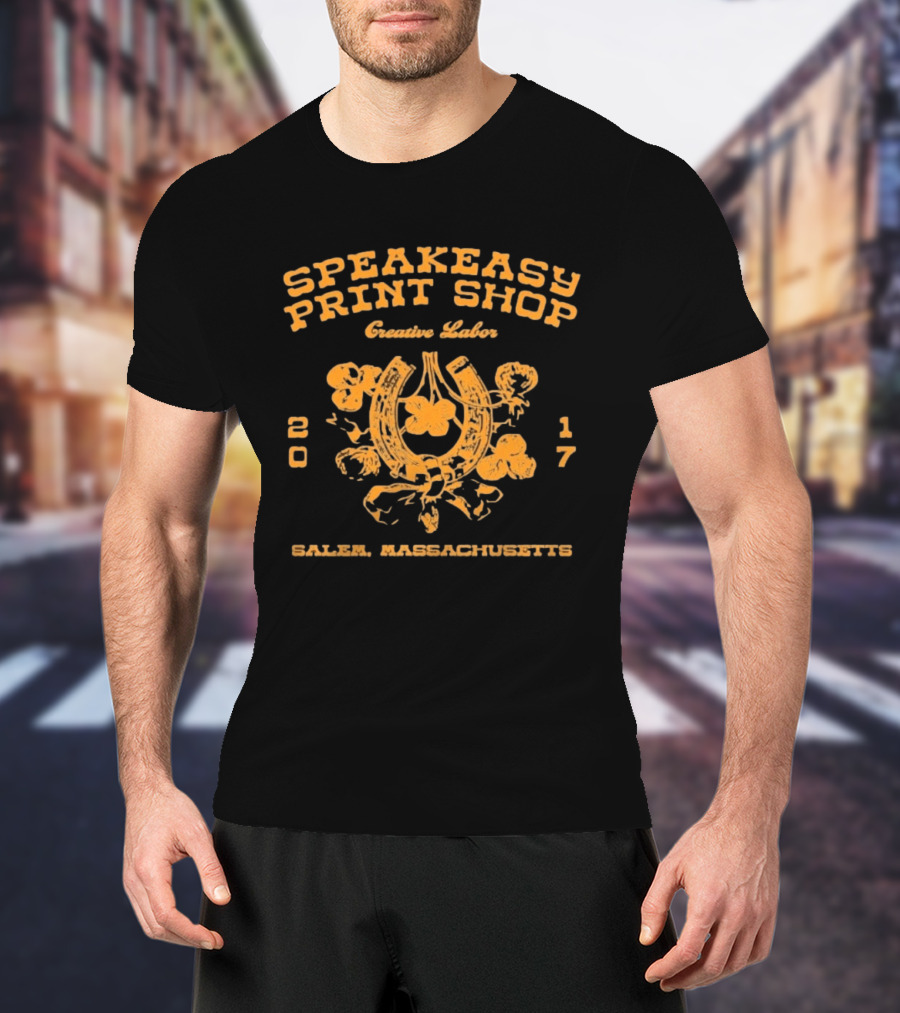 Speakeasy Print Shop Creative Labor Salem Massachusetts 2017 Horseshoe Floral T-Shirt