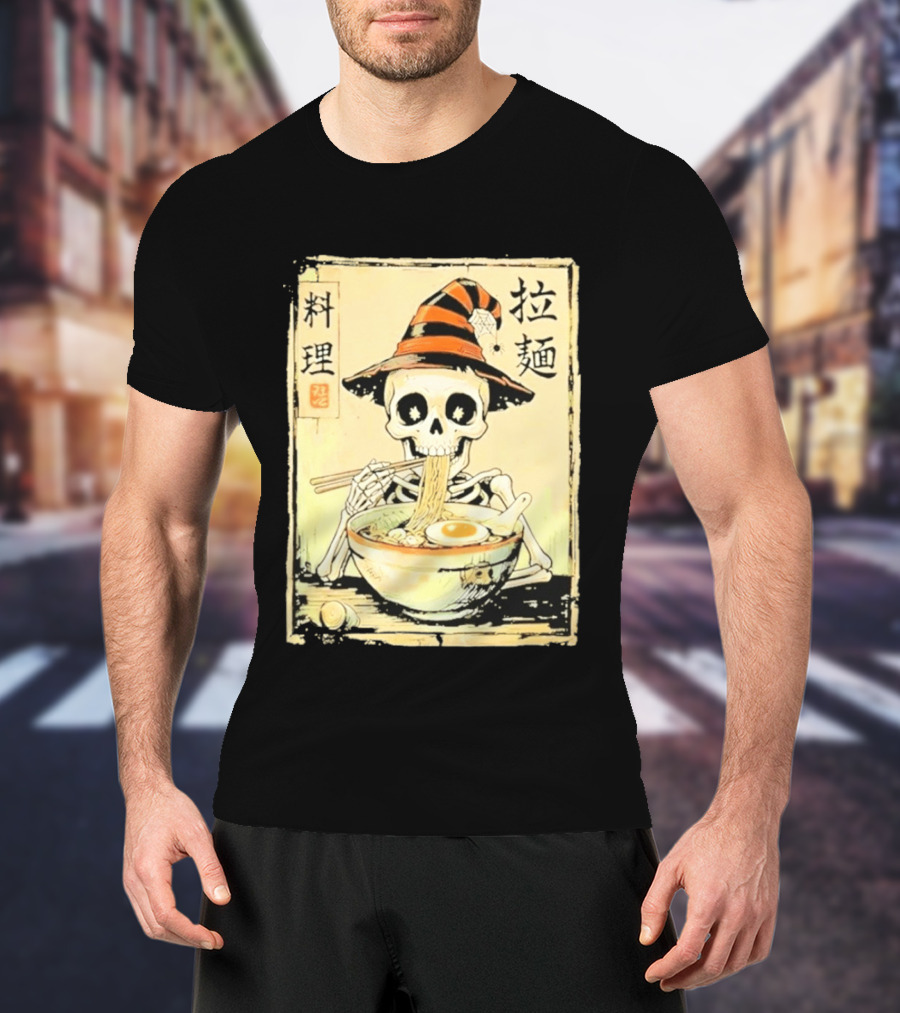 Witch Skeleton Eating Ramen With Japanese Kanji Characters T-Shirt
