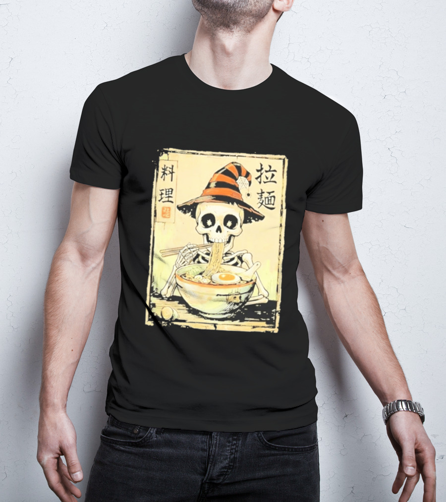 Witch Skeleton Eating Ramen With Japanese Kanji Characters T-Shirt