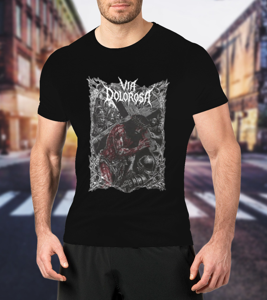Via Dolorosa Jesus Christ Carrying Cross With Blood And Roman Soldiers T-Shirt
