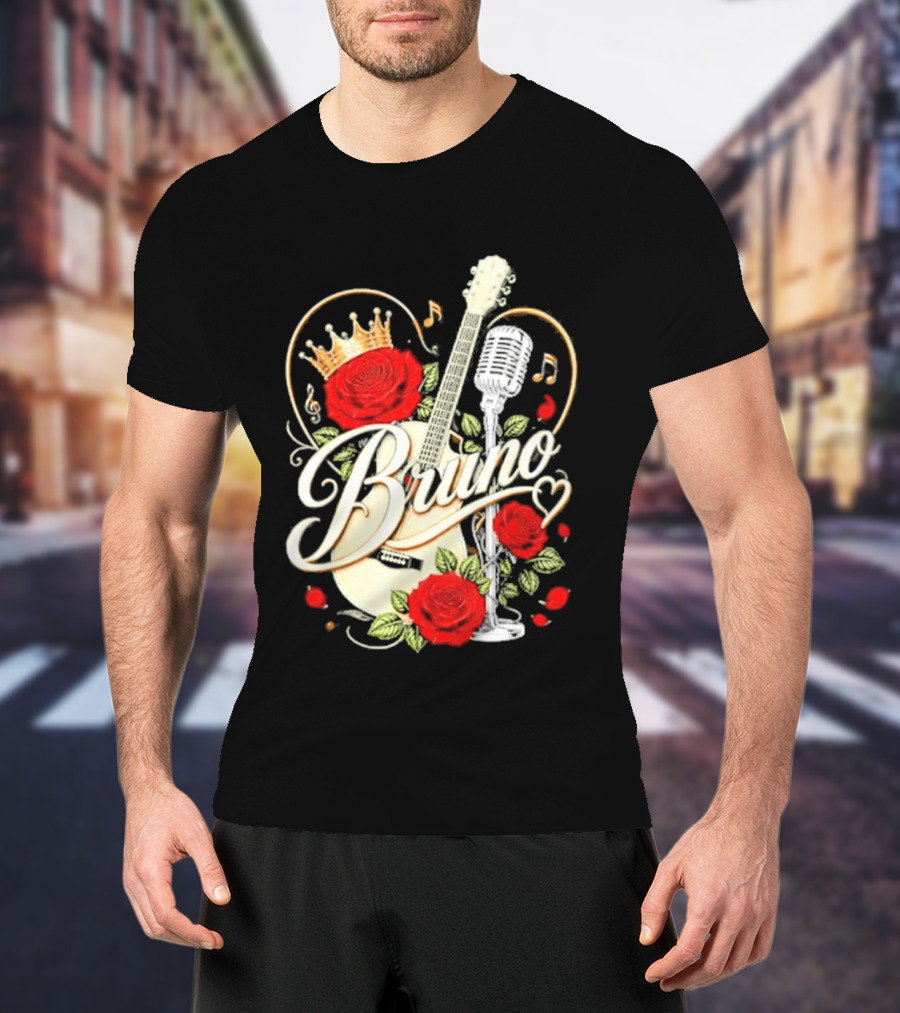 Bruno Rose Crown Guitar And Microphone With Music Notes T-Shirt
