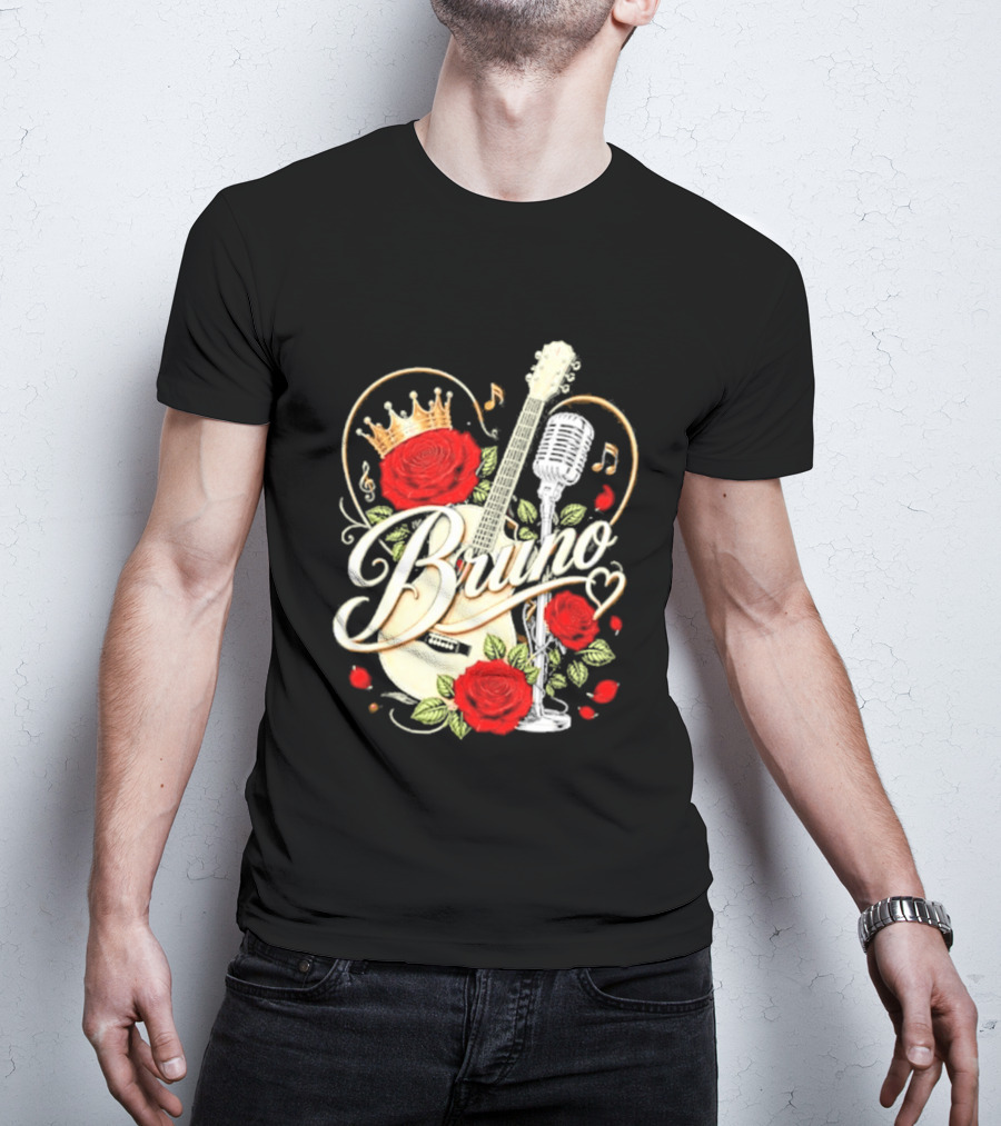 Bruno Rose Crown Guitar And Microphone With Music Notes T-Shirt