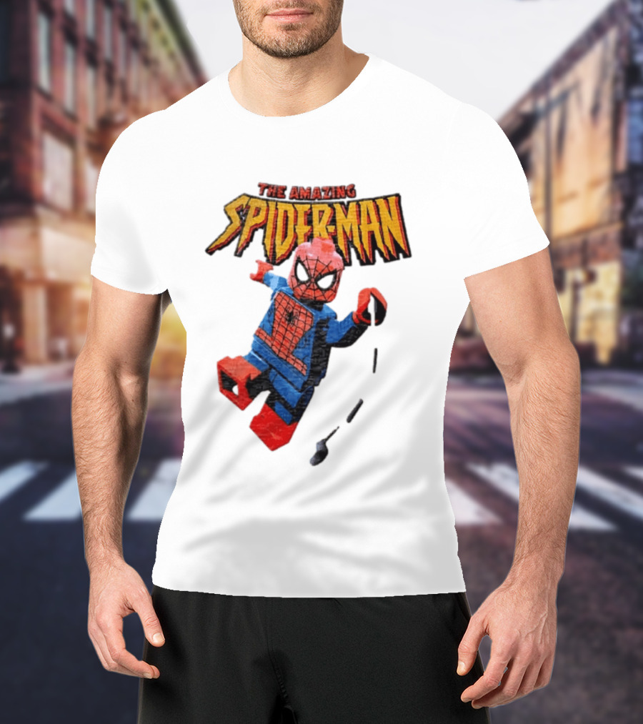 Spider Man The Amazing Lego Minifigure Swinging On Web Iconic Marvel Hero T-Shirt