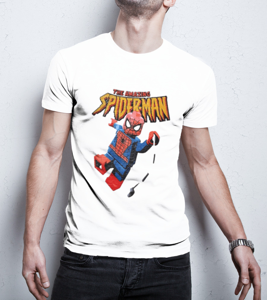 Spider Man The Amazing Lego Minifigure Swinging On Web Iconic Marvel Hero T-Shirt