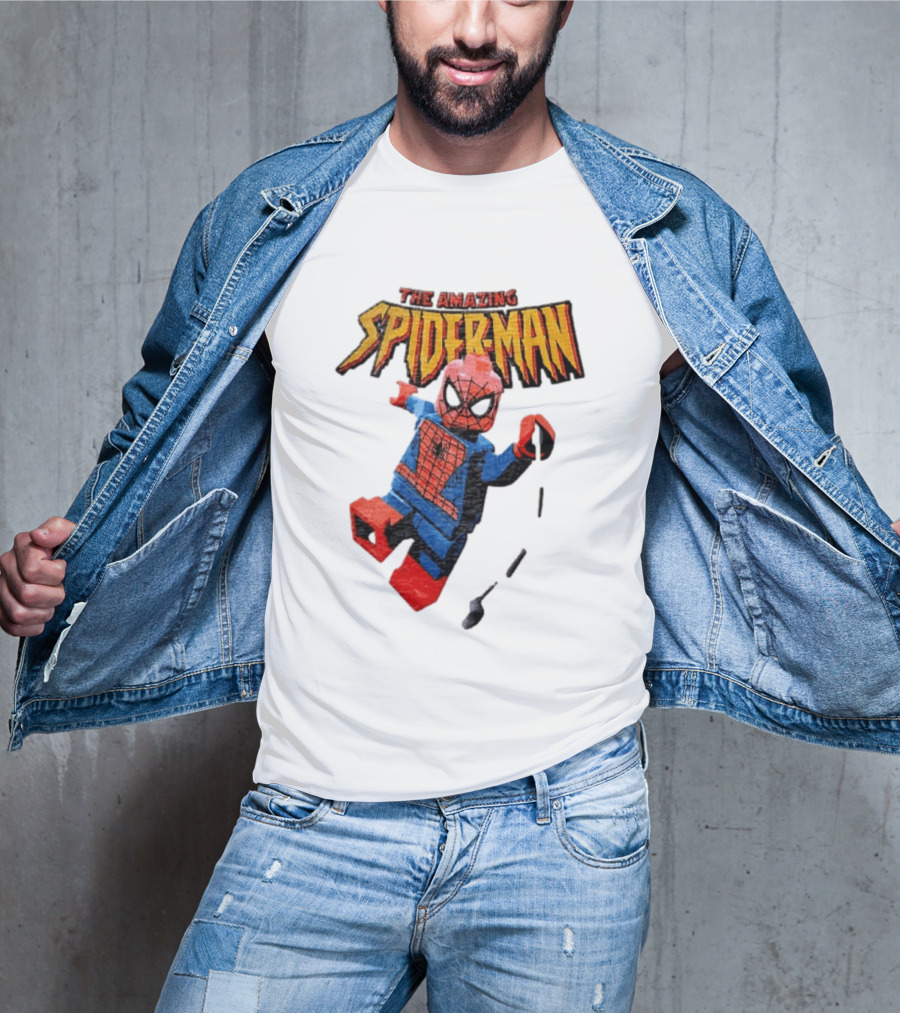 Spider Man The Amazing Lego Minifigure Swinging On Web Iconic Marvel Hero T-Shirt